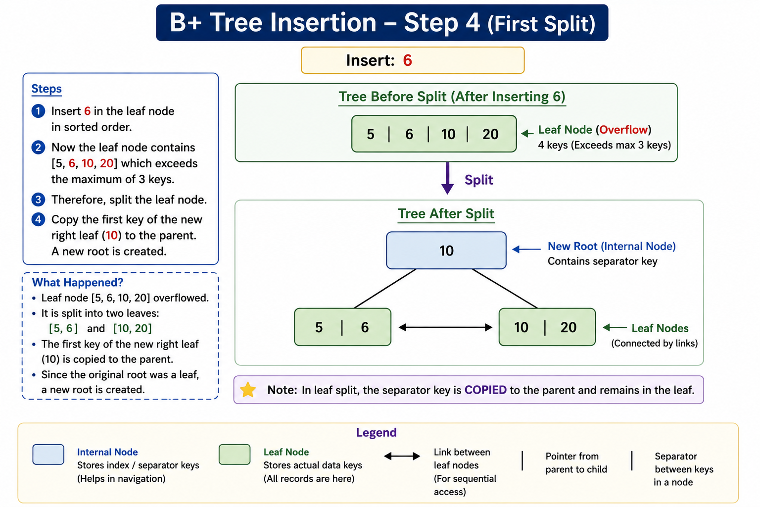 B Plus Tree first leaf split