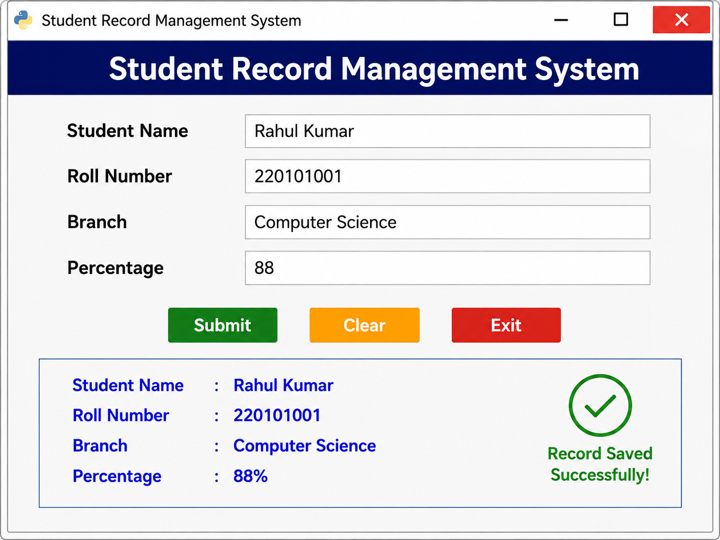Tkinter Student Record Output